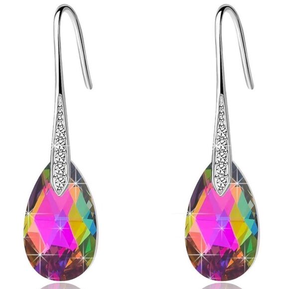 14K White Gold with Vitrail Medium Austrian Crystal Teardrop Drop Hook Earrings